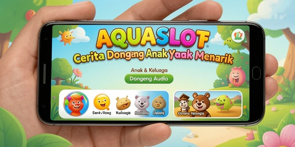 Antarmuka aplikasi AQUASLOT dengan pilihan cerita dongeng yang menarik.