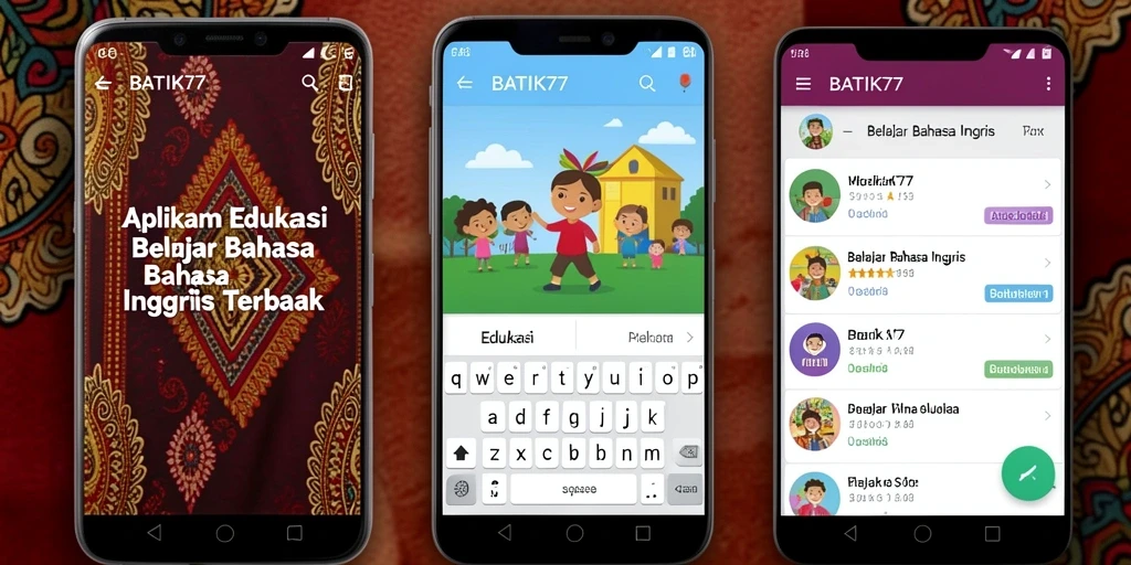 Antarmuka aplikasi BATIK77 yang menarik untuk belajar bahasa Inggris.