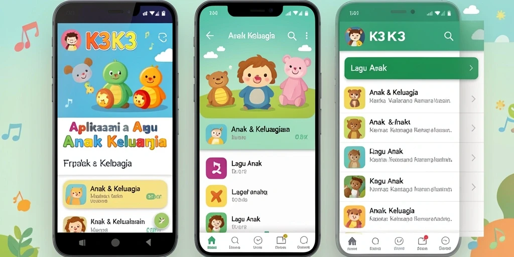 Antarmuka K3K3 yang ceria dengan pilihan lagu anak.